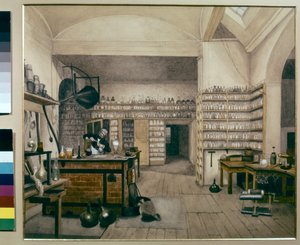 Michael Faraday a trabalhar no seu laboratório no Instituto Real