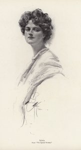 Uma personagem, Sylvia, do romance The Opened Shutters, de Clara Louise Burnham (litho) de Harrison Fisher