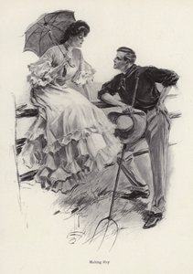 Um agricultor faz uma pausa no seu trabalho para flertar com uma jovem mulher (litho)