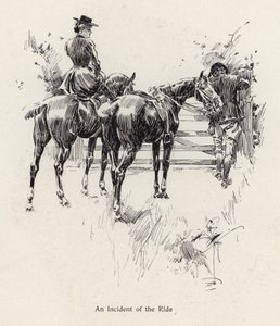 Cavaleiros que fazem uma pausa para abrir um portão (litho) de Harrison Fisher