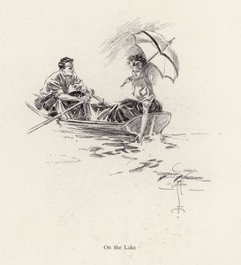 Homem e mulher em um barco a remo no lago (litho)