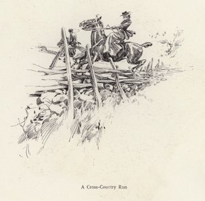 Homem e mulher a cavalo durante uma corrida de corta-mato (litho) de Harrison Fisher