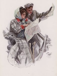 Homem e mulher lendo um mapa em um carro (cor litho)