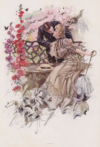Homem beijando uma mulher em um jardim (cor litho)