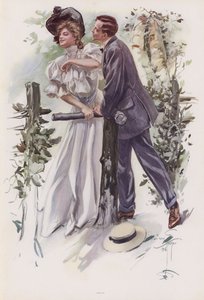 Homem tentando roubar um beijo de uma jovem mulher (cor litho)