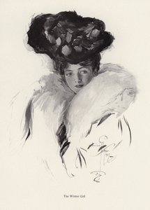 Retrato de uma jovem mulher de chapéu e casaco de pele (litho) de Harrison Fisher