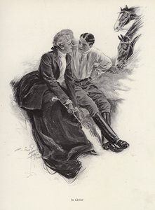 Casal romântico fazendo uma pausa durante um passeio a cavalo (litho) de Harrison Fisher