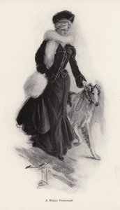 Mulher a passear o seu cão de peluche no Inverno (litho) de Harrison Fisher