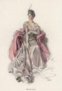 Mulher com um vestido de noite depois do baile (cor litho) de Harrison Fisher
