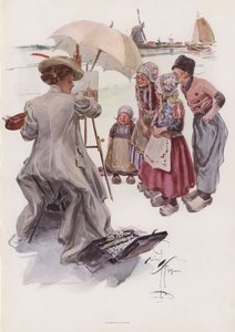 Jovem mulher americana pintando uma cena holandesa (cor litho) de Harrison Fisher