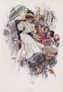 Jovem mulher americana montando num riquixá japonês (cor litho) de Harrison Fisher