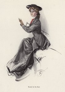Jovem mulher preparando-se para andar a cavalo (cor litho)