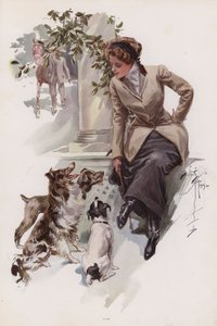 Mulher jovem com seu hábito de montar sentada com seus cães (cor litho) de Harrison Fisher