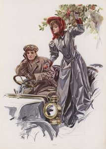Jovem apanhando maçãs do interior de um carro (cor litho) de Harrison Fisher