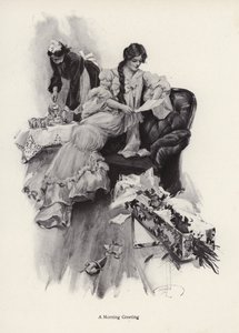 Jovem recebendo um buquê de flores e uma carta de um admirador (litho)