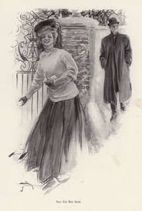 Jovem mulher à espera de atirar bolas de neve a um homem (litho) de Harrison Fisher