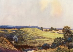 Campos de golfe: Frilford Heath, aproximando-se do nono green (litografia a cores)