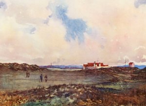 Campos de golfe: Portmarnock, a segunda tacada no décimo oitavo buraco (litografia a cores)