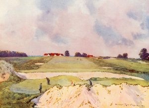 Campos de golfe: Sandy Lodge, o primeiro green, em direção à casa do clube (litografia a cores)