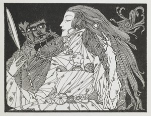 Uma ilustração para a história "Cinderela". Uma mulher a olhar para o seu reflexo num espelho de mão de Harry Clarke