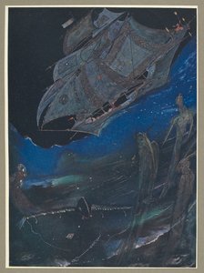 Ilustração de um navio no mar, com peixes por baixo. de Harry Clarke