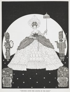 "Outro vestido da cor da lua". Ilustração para a história "Pele de burro". Uma bela princesa segurando um guarda-sol, com dois criados de cada lado. de Harry Clarke