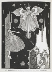 "Nesse preciso momento, a jovem fada saiu detrás das cortinas". Ilustração para a história "A Bela Adormecida no bosque". de Harry Clarke