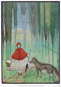"Ele perguntou-lhe para onde é que ela ia." Capuchinho Vermelho encontra o lobo, numa floresta.