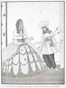"Assim o farei", respondeu a Rainha, "e comê-la-ei com um Sauce Robert".
Ilustração para a história "A bela adormecida no bosque". de Harry Clarke