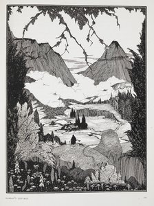Ilustração para a história "A casa de campo de Landor". Uma paisagem montanhosa. de Harry Clarke