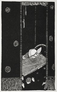 Ilustração para a história "A bela adormecida no bosque". A Bela Adormecida na sua cama. de Harry Clarke