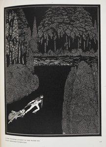 Na sua penosa viagem até à água, os seus medos redobram com ele". Ilustração para a história "O mistério de Marie Roget". de Harry Clarke