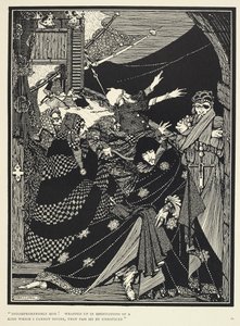 "Homens incompreensíveis! Envolvidos em meditações de um género que não consigo adivinhar, passam-me despercebidos." Ilustração para a história "Menina numa garrafa". de Harry Clarke