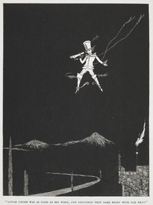 "O polegarzinho cumpriu a sua palavra e regressou nessa mesma noite com a notícia." Um mensageiro a voar no céu noturno. Ilustração para a história "Polegarzinho". de Harry Clarke
