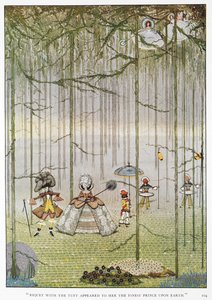 "Riquet com o tufo pareceu-lhe o melhor príncipe da Terra." Ilustração para a história, "Riquet com o tufo". Uma princesa num bosque encontra o Príncipe Riquet com o tufo. de Harry Clarke