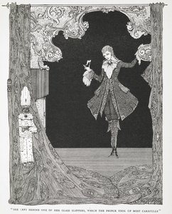 Deixou para trás um dos seus sapatinhos de cristal, que o Príncipe pegou com todo o cuidado". Ilustração para a história Cinderela ou O sapatinho de cristal. de Harry Clarke