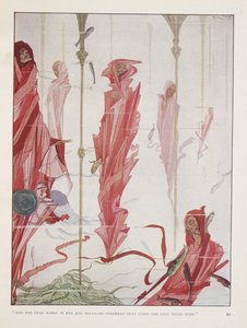 O Patriota Moribundo. "E os mortos vestidos de vermelho e lírios do mar sobre a cabeça
 balançam quando os longos ventos sopram" de Harry Clarke
