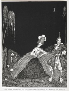 "O Príncipe acreditava que lhe tinha dado mais inteligência do que a que tinha reservado para si." Ilustração para a história "Riquet com o tufo". de Harry Clarke