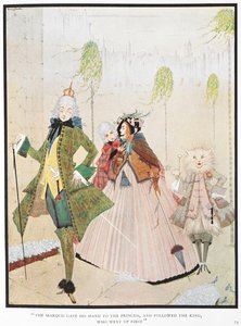 "O marquês deu a mão aos príncipes e seguiu o rei, que subiu primeiro." Ilustração para a história "O gato mestre ou o gatinho de botas". de Harry Clarke