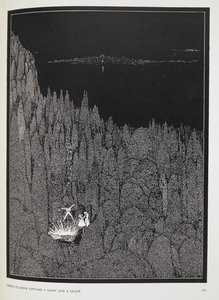 E para cima brilhava um clarão e um brilho". Ilustração para o conto "O inseto do ouro". de Harry Clarke