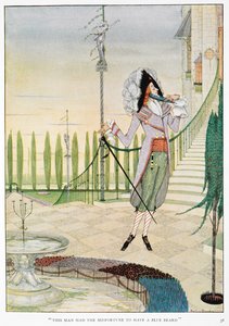 "Este homem teve a infelicidade de ter uma Barba Azul." O Barba Azul a acariciar a barba. de Harry Clarke