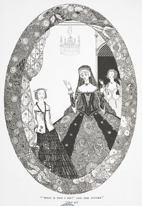 "O que é isto que estou a ver?", disse a mãe. Ilustração para a história "A Fada". de Harry Clarke
