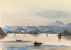 O HMS Tribune encontra o seu caminho no rio Chuenpee, em Cantão (China), com barcos a remos e juncos chineses de Harry Edmond Edgell