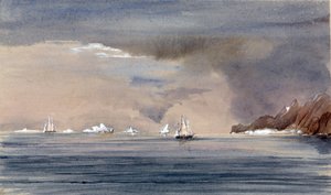 Os icebergues ao largo do Cabo Horn (Chile), com a silhueta do HMS Tribune. Pintura do Vice-Almirante Harry Edmund Edgell (1809-1876), aguarela de 1856. de Harry Edmond Edgell