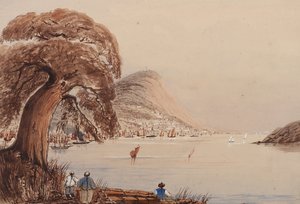 Vista de uma cidade costeira com uma árvore e figuras em primeiro plano de Harry Edmond Edgell