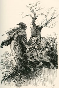Alice Brown e a sua mãe. "Depois de um quarto de hora de caminhada, a velha mulher, passada e sem fôlego, aventurou-se a segurar pelas suas saias; mas ela não se aventurou mais, e elas viajaram em silêncio através da chuva e da escuridão". Ilustração de Ha de Harry Furniss