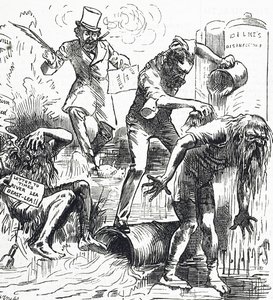 Desenho animado representando os rios Tamisa e Lea Rivers a serem atacados por causa do seu estado imundo de Harry Furniss