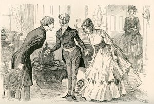 David Meets Dora e Miss Murdstone. "Sr. Copperfield, a minha filha Dora, e a amiga confidencial da minha filha Dora, Miss Murdstone". Ilustração de Harry Furniss para o romance de Charles Dickens David Copperfield, de The Testimonial Edition, publicado 19 de Harry Furniss