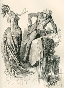 Edith e Mr. Carker. "Ele vinha alegremente na sua direcção, quando, num instante, ela apanhou a faca da mesa, e começou um passo atrás. "Fica quieta", disse ela, " ou eu mato-te!". Ilustração de Harry Furniss para o romance de Charles Dickens de Harry Furniss