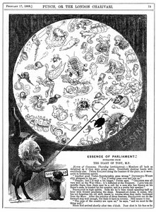 Essência do Parlamento: Desenho animado que marca a abertura da primeira sessão do Parlamento para 1883 (gravura em madeira) de Harry Furniss